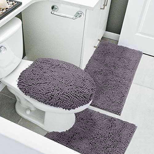 HomeIdeas 3 חתיכות סט שטיחי אמבטיה אפורים, שטיח אמבטיה רך במיוחד ללא החלקה ומחצלת אמבטיה של שניל סופגת, כוללת שטיח מתאר בצורת U