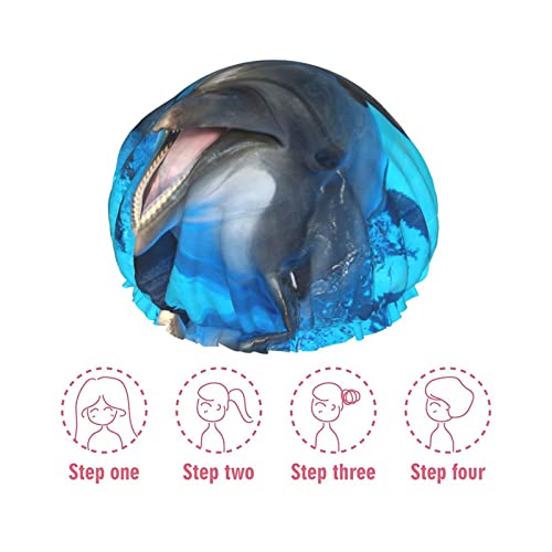 פנים מחייכות דולפינים מודפסים כובע מקלחת סאטן סאטן מכסה שיער כובע אמבטיה אטום מים רצועה אלסטית נמתחת כובע מקלחת שימוש חוזר