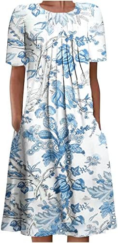 שמלת קיץ מזדמנת לנשים בוהו פרחוני צוואר צוואר שרוול קצר קפלים שמלת נדנדה מקסי עם כיס