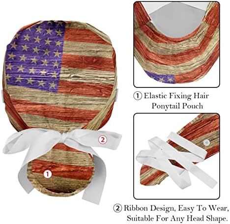 2 חתיכות כובע עבודה מתכוונן עם כפתורים ועניבת סרט לנשים שיער ארוך, מרקם עץ דגל רטרו אמריקאי