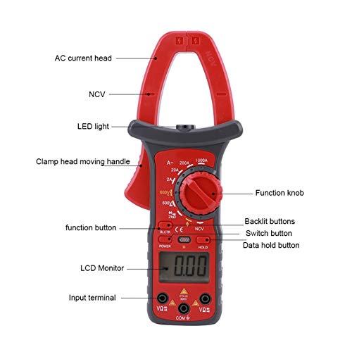 מהדק דיגיטלי של Walfront Multimeter NCA NCA ללא מגע 1999 ספירה מתח מדום מדויק מתח זרם AC התנגדות דיודה בדיקת דיודה AC 1000A 9V, מד מהדק