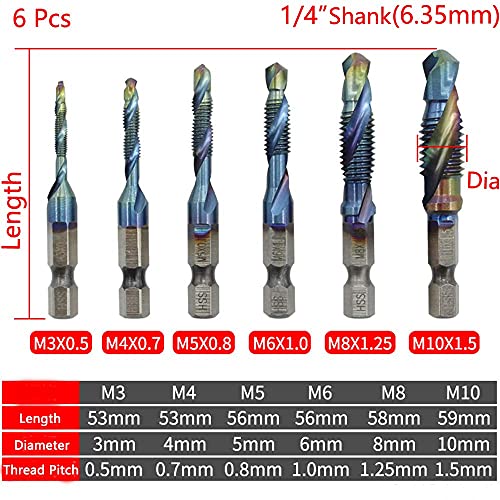 1/4 אינץ 'Shank Shank Trap Strient Set Set HSS חוט שילוב ספירלה קידוח הקשה על כלי מתכת צ'אמרית חתיכות מטרי ואינץ' M3-M10, 6 יח '