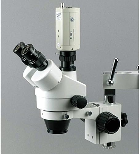מיקרוסקופ זום סטריאו טרינוקולרי מקצועי של אמסקופ סמ-4טי, עיניות פי 10, הגדלה פי 7-90, מטרת זום פי 0.7-4.5, תאורת סביבה, מעמד בום זרוע כפולה, כולל עדשת ברלו פי 2.0
