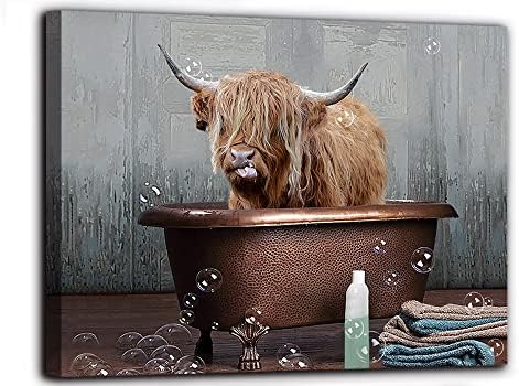 עיצוב אמבטיה של פרה היילנד מצחיק פרה פרה פרה אמנות פרה בבד אמבטיה הדפסה לונגהורן תמונה חווה בית קיר עיצוב נמתח ומוסגר 12x16 אינץ '