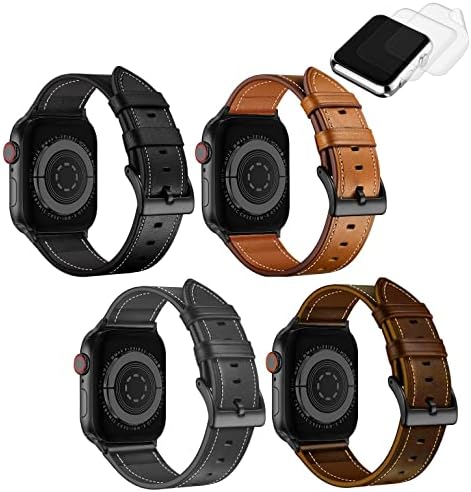 תואם להקת Apple Watch 49 ממ 45 ממ 44 ממ 42 ממ, O.B.O רצועת החלפת פס עור מקורית תואמת את Apple Watch Ultra Series 8/7/6/5/4/3/9/SE2/SE, רצועת שחורה חומה של אפור חום, 2x מגן מסך 2x מסך כבונוס