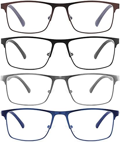 4-חבילות אור כחול חוסם משקפי קריאה לגברים קוראי מסגרת מתכת מסוגננים עם נוחות צירי קפיץ אנטי סנוור UV מסנן משקפיים, +1.5 חוזק