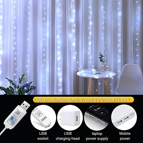 אורות וילון LED של Gibbar 300 חלון LED פיות פיות מיתר אורות שלט רחוק 8 מצבים 9.8x9.8ft לחדר השינה מסיבת חתונה לחג המולד גן בית חיצוני פנימי, הוכחת מים IP65, USB מופעלת