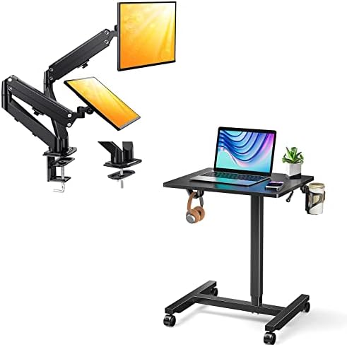 שולחן מעמד נייד נייד, שולחן מחשב נייד מתכוונן לגובה עם מעמד צג כפול גלגלים, תושבת צג כפול למסכי 13-30 אינץ ' עד 17.6 פאונד