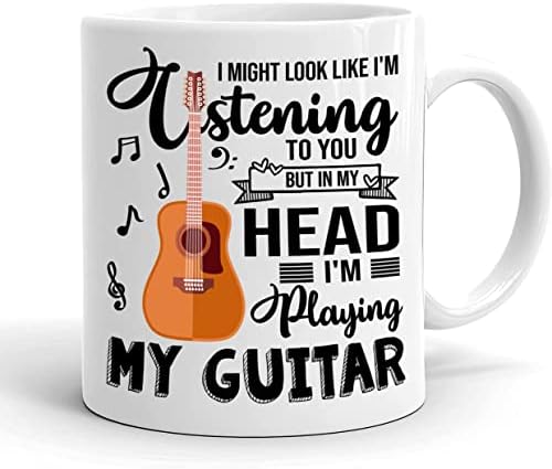 אני אולי נראה כאילו אני מקשיב לך אבל בראש שלי אני מנגן בגיטרה שלי-המתנה הטובה ביותר עבור חובב גיטרה - יום הולדת-ספל לחג המולד-ספל קפה קרמי 11 עוז