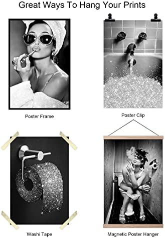 הדפסים לאמנות קיר עיצוב אמבטיה גליטר רקמות נצנצים יצירות אמבטיה לקיר שחור ולבן אופנה מודרנית נשים מצחיקות אמנות קיר אמבטיה של 4 סט של 4