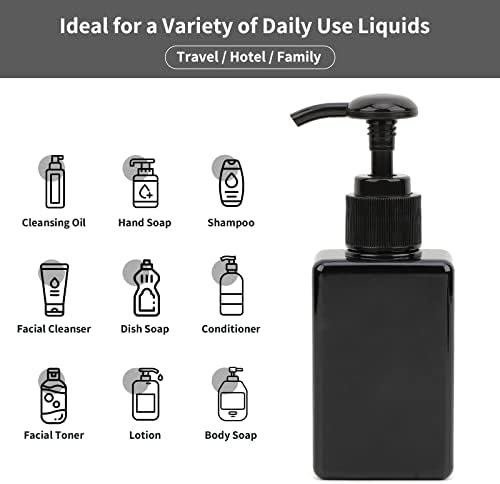 מתקן מקלחת מרובע מפלסטיק שחור, 4 יחידות 3.4 עוז בקבוקי סבון ידיים ריקים עם תווית, משאבת עיתונות למילוי חוזר 100 מ ל מתקן קרם נייד מיכל נוזלי לנסיעות אמבטיה מלון מטבח