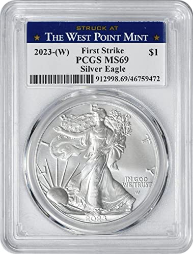 2023 W $ $ 1 American Silver Eagle Dollar, Strike First, הכה ב- West Point Label, No Mint Mark PCGS MS69