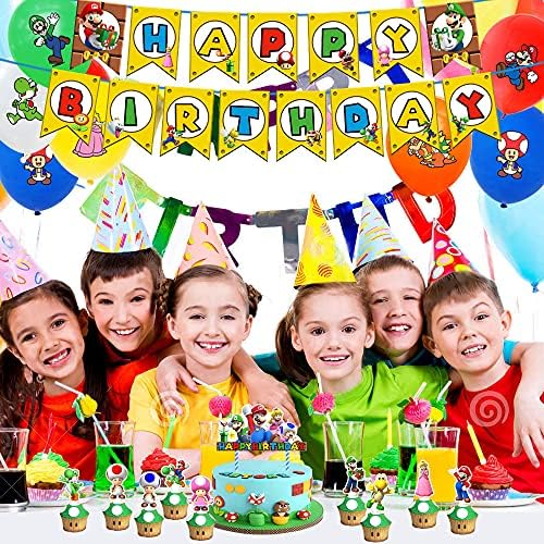 ציוד למסיבות יום הולדת של יאקמר סופר מריו כלול באנרים, טופר עוגה, טופרי קאפקייקס, טבלאות, מערבולות תלויות ובלונים לציוד למסיבות