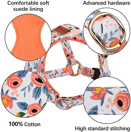 CHEDE NO PULL דפוס פרחוני רתמת כלבים- רתמת כלבים קלים ורכה, רתמת כלבים קטנה מתכווננת וסט רצועות, עם רצועת כלבים, מתאימה לכלב קטן ובינוני בגודל בינוני